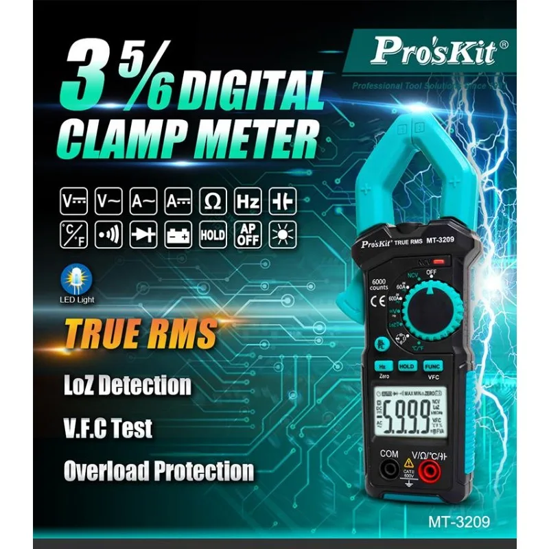 Pro'sKit MT-3209-C Digital Clamp Meter Amperimetric Clamp Auto Range True RMS Ammeter Capacitance/Temp/Current Detection Tool