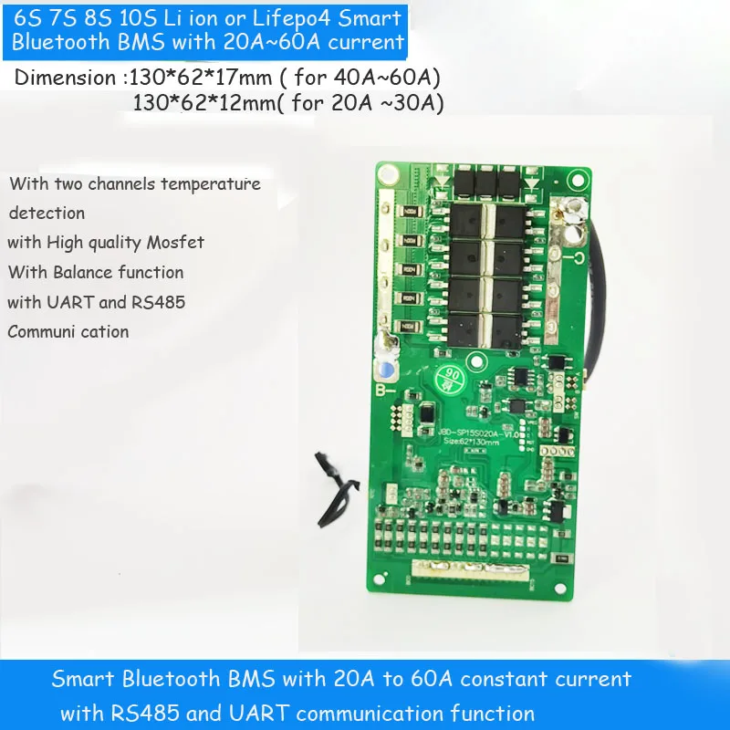 6S 7S 8s 10S li ion smart Bluetooth BMS with 20A to 60A constant current for 24V 36V lithium ion battery pack