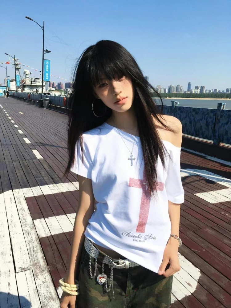 

HOUZHOU White Gothic Cross Print Women T-Shirts Off Shoulder Skew Collar Short Sleeve Japanese 2000s Style Tees Loose Grunge