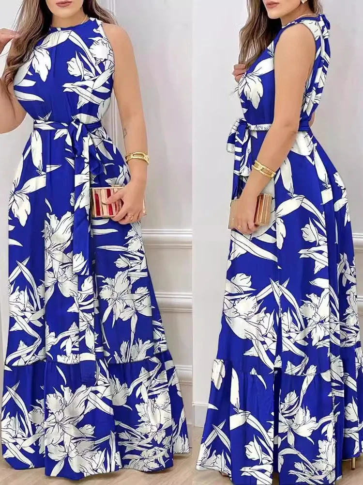 

Summer New Women's Floral Print ter Ne Dr with Pleated Strap Design European Sle Polyester Casual Midi Dr