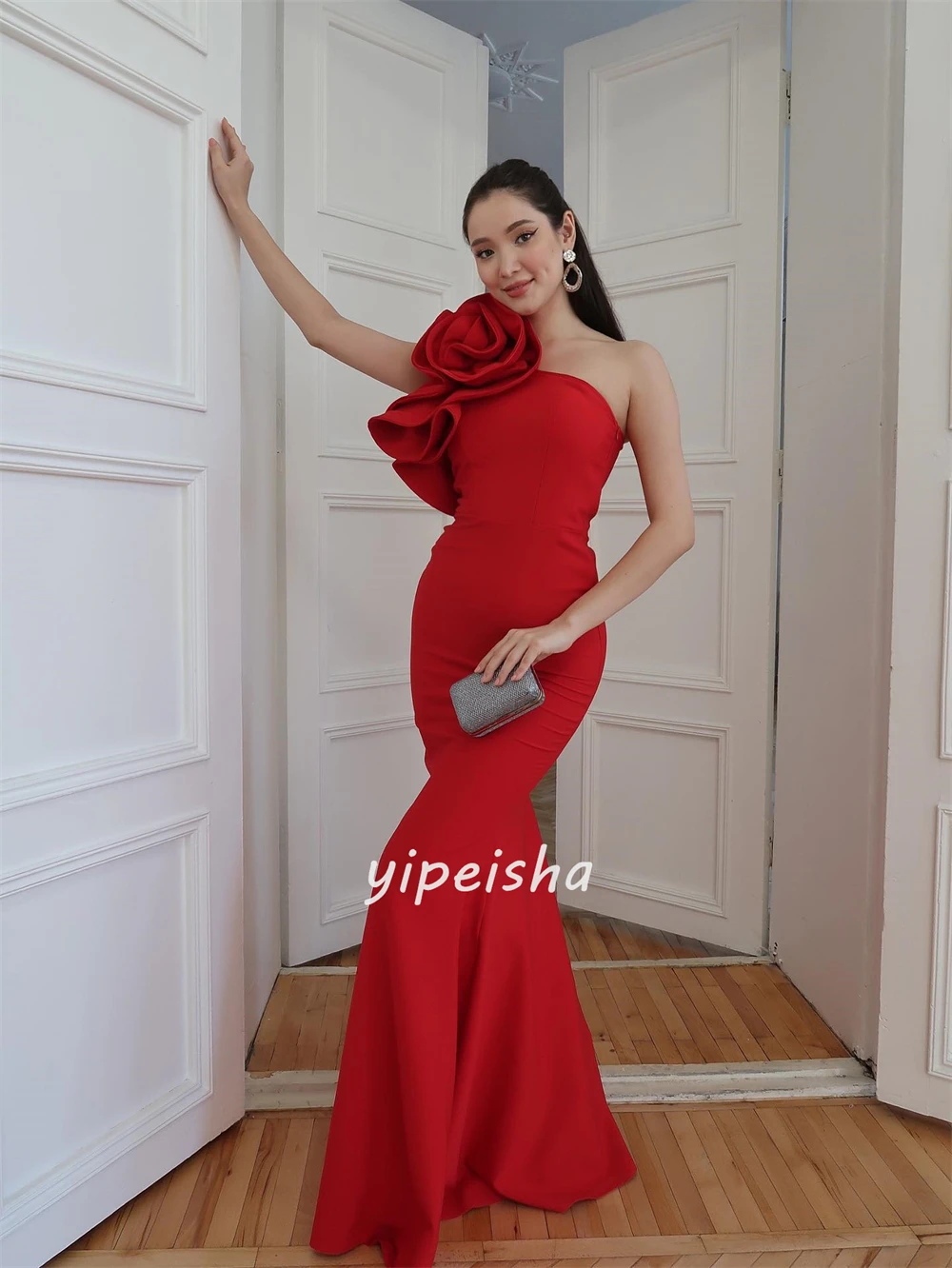 맞춤형 모던 스타일 패션 저지 수제 꽃 장식 맞춤형 스트레이트 원숄더 롱 드레스 이브닝 드레스 세트