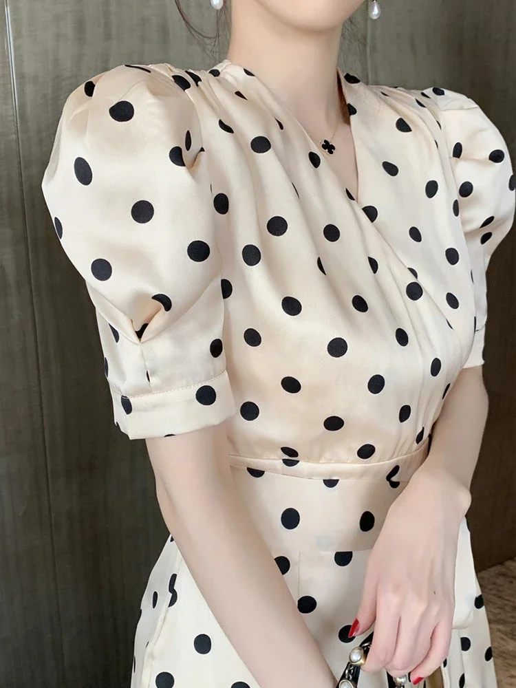 Summer Vintage Elegant Midi Dress donna Satin Polka Dot Puff Sleeve Belt Package Hip fessura Robe Office Party Street Vestido Mujer