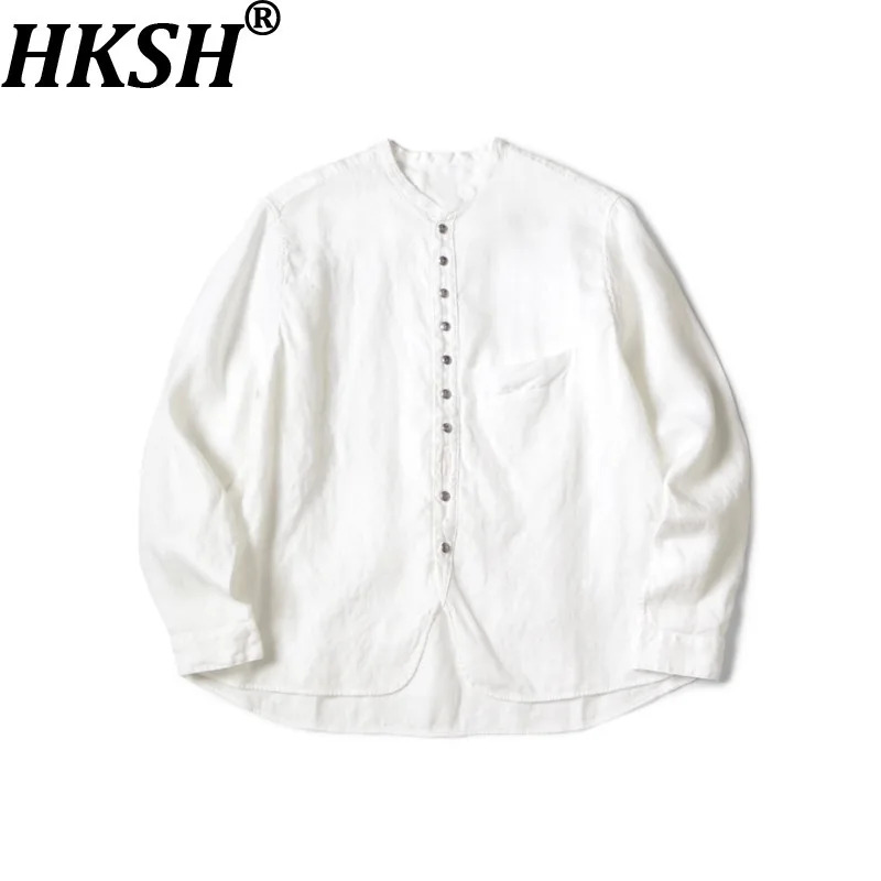 HKSH Spring Autumn New Men Tide Chic Ins Japanese Casual Herringbone Pattern Stand Collar Shirt Silver Buttons Y2K Tops HK27934