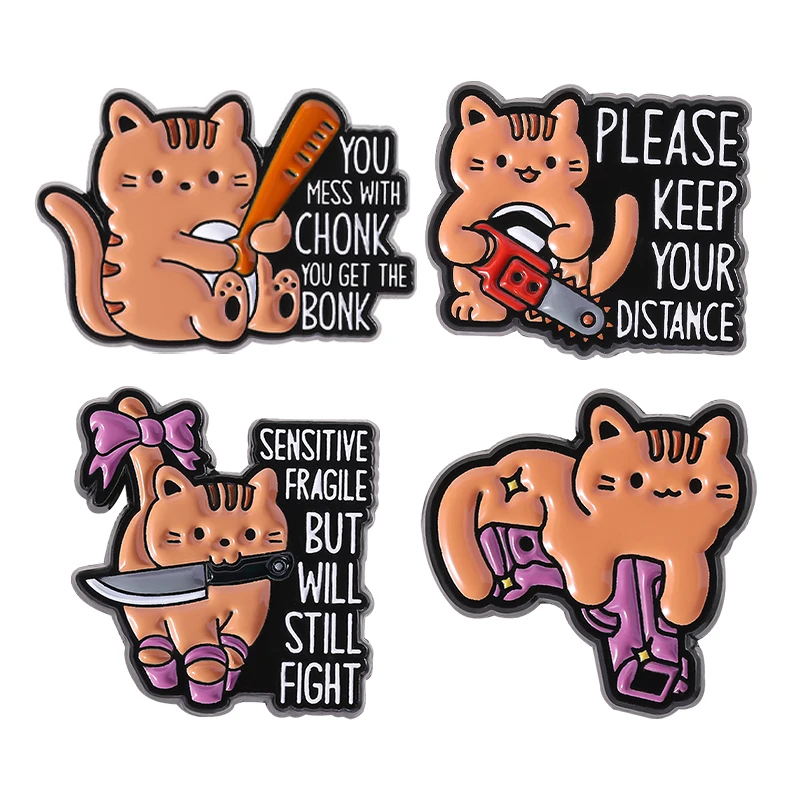 

Cute Cat with Knife Guns Brooch Enamel Pins PLEASE KEEP YOUR DISTANCE Brooches Collar Lapel Badge Jewelry Gift for Kids Friends