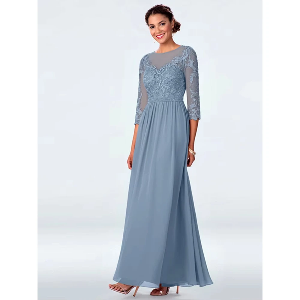 

Dusty Blue Mother of The Bride Dresses Three Quarter Sleeves Chiffon A-Line Gowns Fashion Lace Appliques Wedding Party Dresses