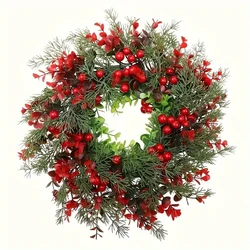 1Pc, Charming 13.8in Christmas Wreath with Red Eucalyptus Berries - Perfect for Front Door, Fireplace Mantle & Window Decor