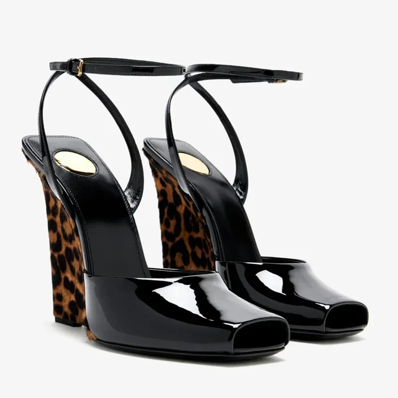 

Patent Leather Peep Toe Wedges Pumps Sexy Square Toe Solid Ankle Belt Buckle New Arrivlals Fashion Women Runway Shoes