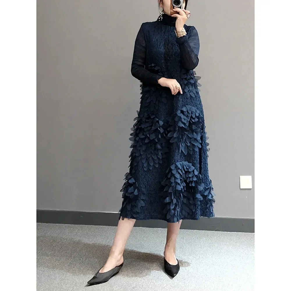 

Flower Pleated Dress For Women Long Sleeves Vintage Loose Solid Color Ladies Fashion Clothing 2023 Summer