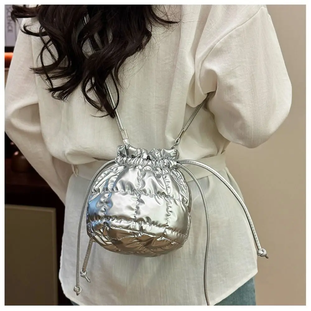 

Casual Korean Style Drawstring Bucket Bag Handbag Purse Nylon Shoulder Bag Solid Color Grid Small Crossbody Bag Women