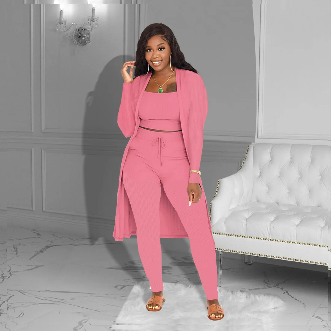 

Long Coat Women Three Piece Set Vest Cardigan V Neck Full Sleeve Drawstring Pencil Pant Suits Solid Casual Office Lady
