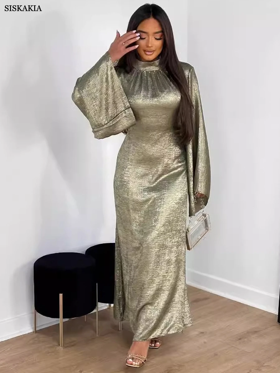 Siskakia Fashion Elegant Long Sleeve Shiny Dresses For Muslim Arab Women Islam Clothing Solid Gold Stamping Moroccan Kaftan 2024