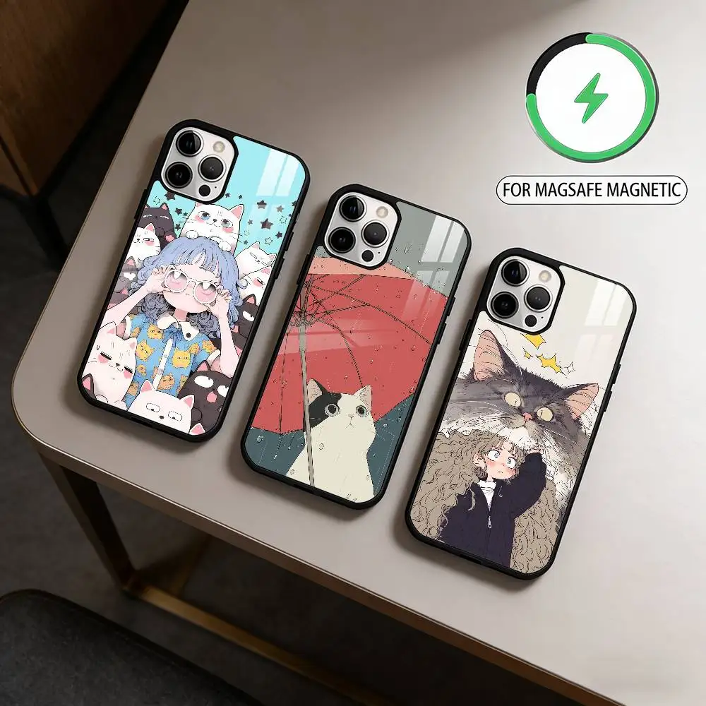 

Cartoon C-Cat A-Art Magnetic For Magsafe Wireless Charging Phone Case For iPhone17,16,15,14,13,12,11 Plus,Pro Max