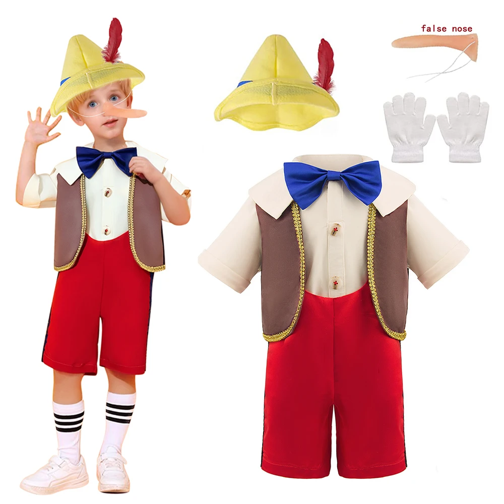 

Carnival Baby Boy Outfits Cosplay Puppet Pinocchio Shirt Pants Vest 3pcs Sets With Hat Easter Party Funny Fancy Clothing Suits