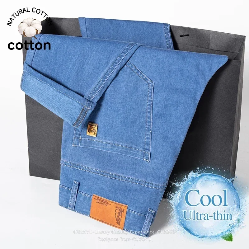 

Brand Clothing 2026 Summer Thin Men's Elastic Jeans Business Straight Casual Denim Pants Fashion Light Blue Trousers Plus Size
