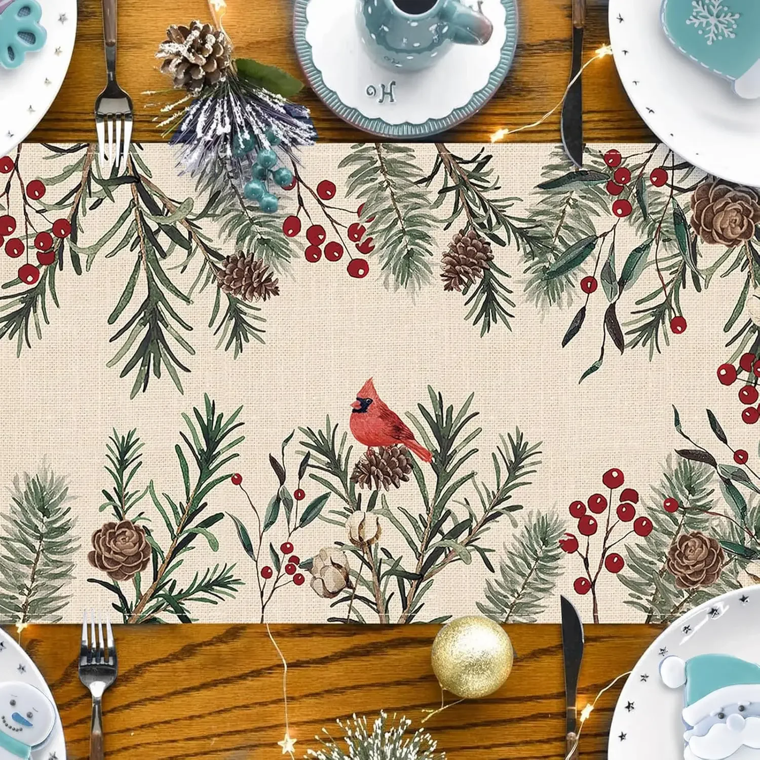 1Pc Christmas Style Table Runner Beige Pine Cone Berry Bird Print Table Cover Dining Room Kitchen Party Decoration Home Festive