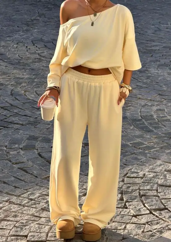 

2026 Spring/Summer New Women's Fashion Retro Spicy Girl Style Slant Shoulder Waist Loose Wide Leg Set Women's Clothing