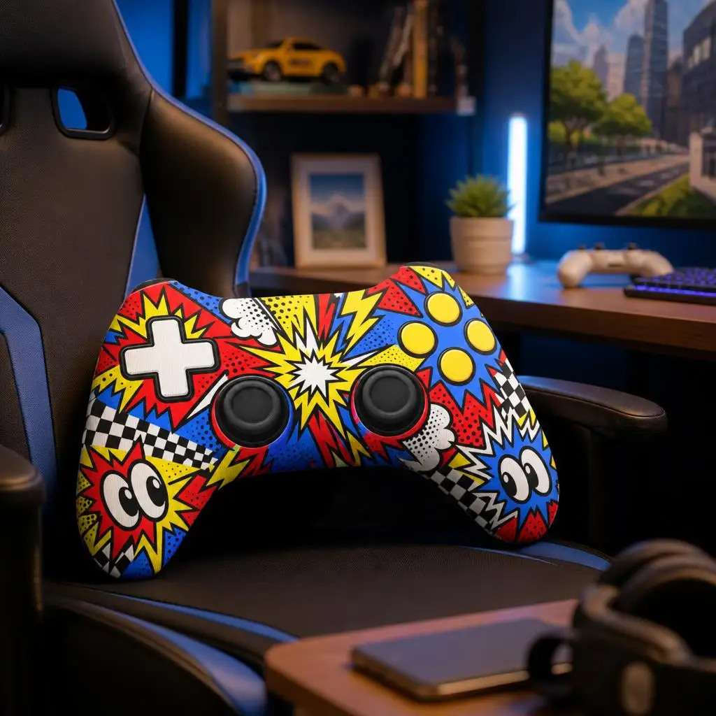 Gaming Controller Shaped Throw Pillow Comic Pop Art Gamepad Cushion Stuffed Decorative Gamer Gift for Sofa Bedroom Decor
