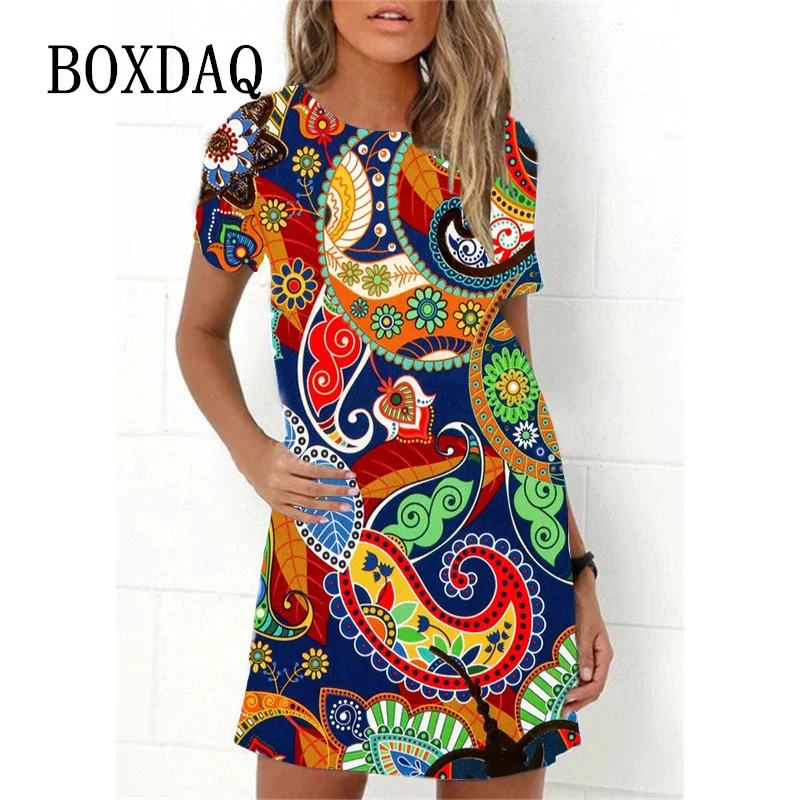 Mini vestido feminino com estampa 3D com decote em O, vestido de verão, casual, manga curta, vestido feminino solto, novo, 2023