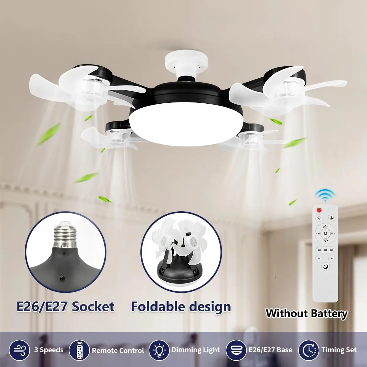 E27 Ceiling Fan With Lights and Remote Control 4 Heads Drone Modern Ceiling Fans Light Bulb LED 60W 3 Speeds Dimmable Room Lamp