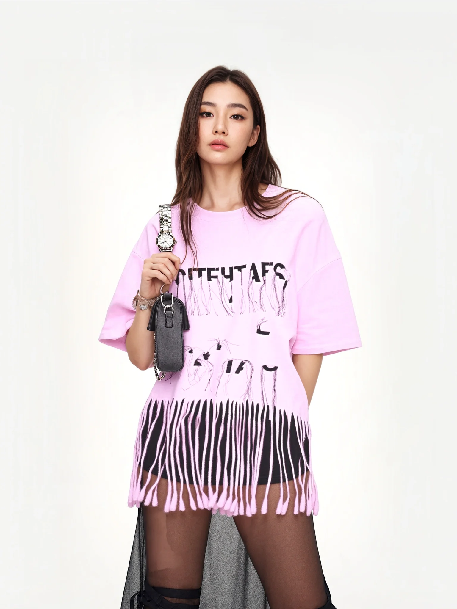 

Новая летняя женская футболка Dopane свободного кроя с коротким рукавом, с бахромой, из хлопка, с круглым вырезом, розовая, стильная, для женщин