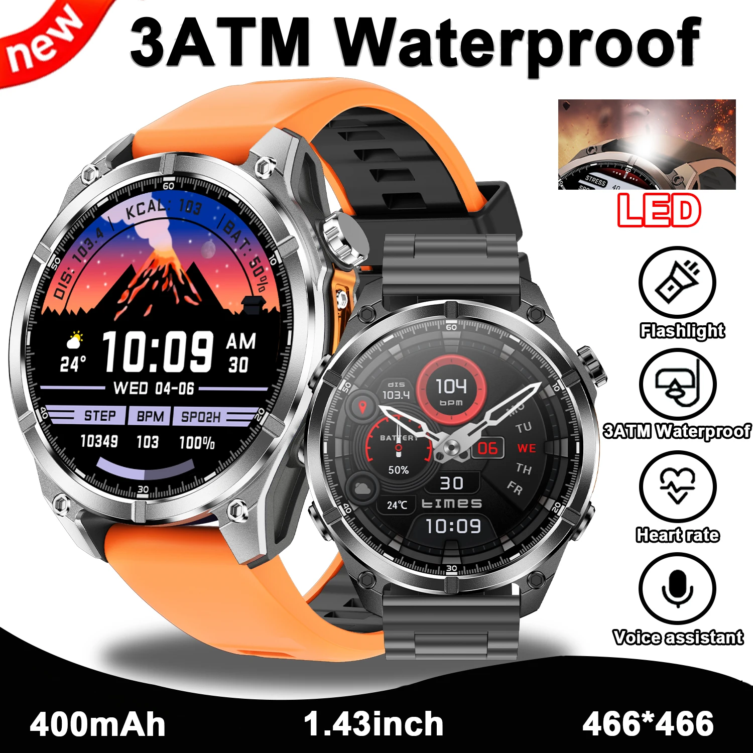 

Men's Smart Call Watch 3ATM Waterproof LED flashlight 400mAh 1.43-inch 466*466* HD Screen Heart Rate Health baromete Smart Watch