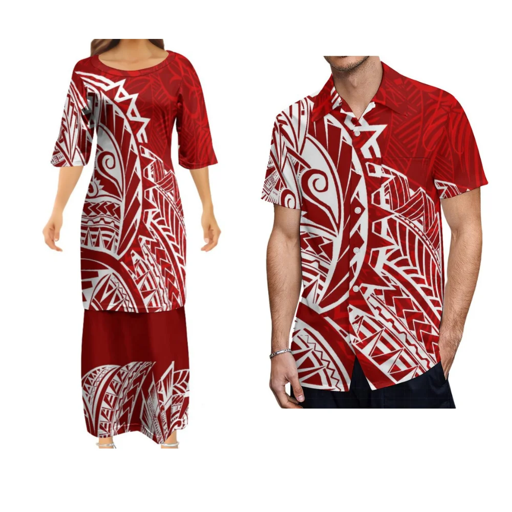 البولينيزية المرأة Puletasi الصيف زوجين دعوى قميص رجالي المرأة فستان طويل 2025 جديد ساموا القبلية تصميم الرجعية الفن فستان بتصميم بدلة