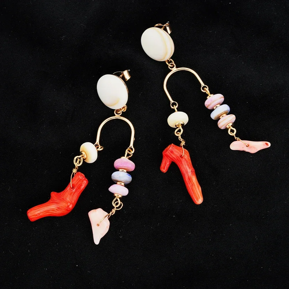 

Bohemian Coral Tree Earrings Stone Pendant Metal Gifts Party Fashion Accessories For Women Hollow Geometric Beads Dangle Female