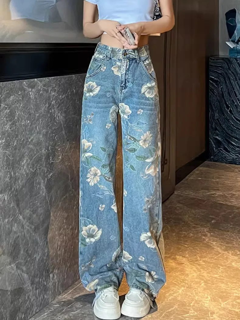 

American Retro Printed Jeans Women's Spring Design Loose Straight Leg Floor-Length Pants High Waist Denim Fabric Wear Resistant
