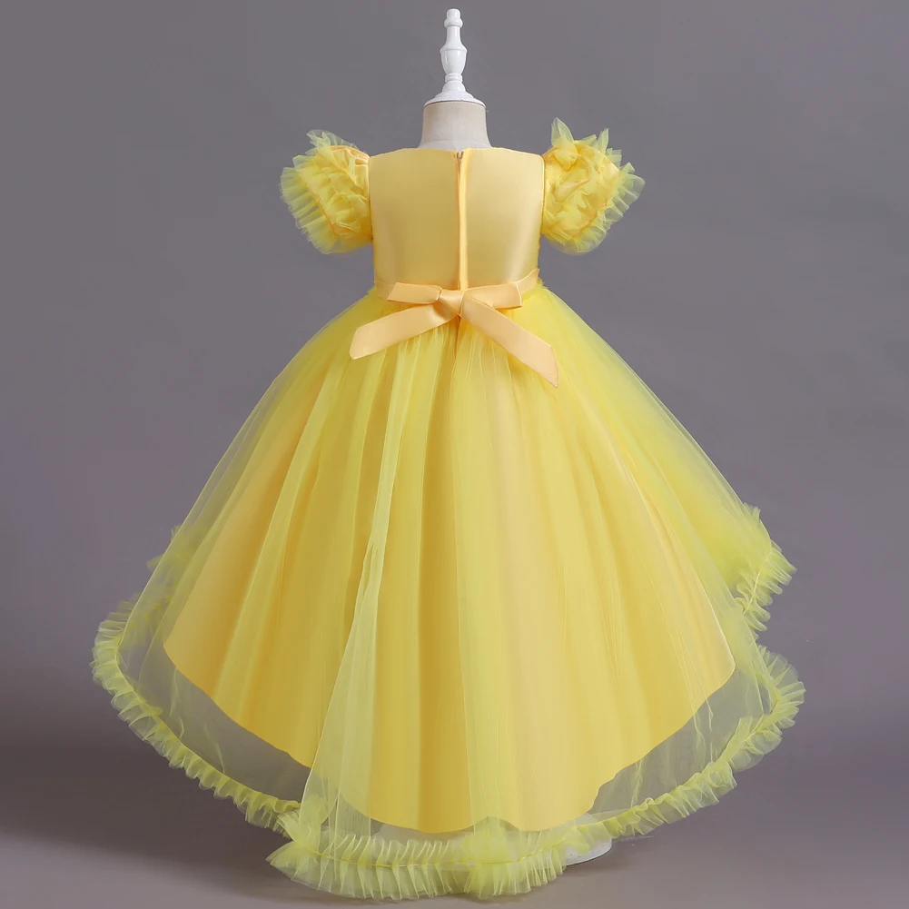 8608 Yellow Flower Girl Trailing Bridesmaid Wedding Dress Child Piano Performance Dress is suitable for Kid Party Wear