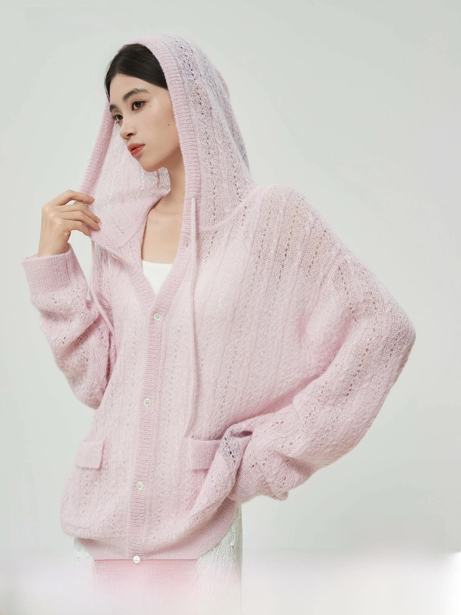 

Розовый нежный вязаный свитер с ажурной шапкой, верхняя одежда, женский тонкий свободный ленивый элитный вязаный открытый кардиган