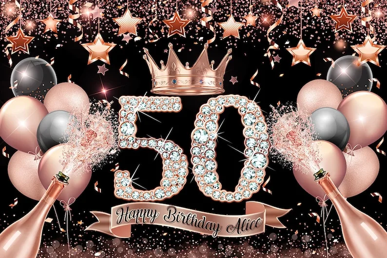 

Custom 50th Rose Gold Balloon Star Champagne Crown Shiny Sparkle backdrops party supplies Photography Studio Backgrounds