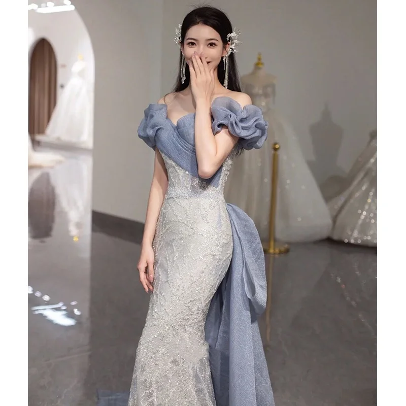 

Ele One-oulder Blue Wedding Dr for Women Korean Sle Sequin Mid-Waist Fi-Tail Gown for Engagement And Year-End Par