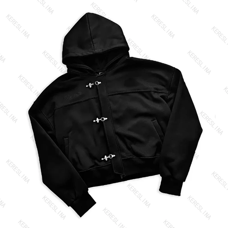 American street fashion trend chic button up hoodie black loose fitting men's and women's versatile long sleeved sweatshirt emo - view 2