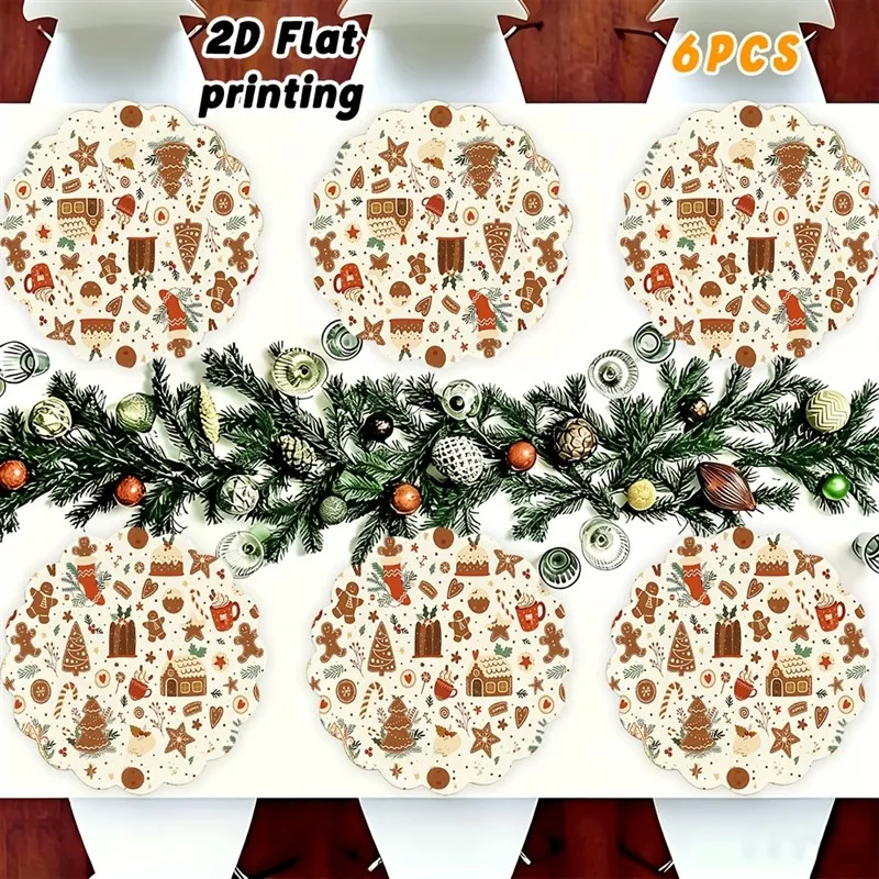 VIKAMA Linen Round Placemats, Gingerbread House Candy Cane, Scalloped Edge Stain Resistant Easy Clean, Kids Dining