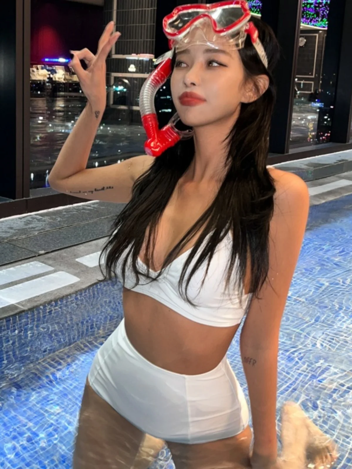 

White Bikini High Waist Cover up Slimming Swimwear Women's Separate Bandeau Backless Chest Gathering Belly Concealing