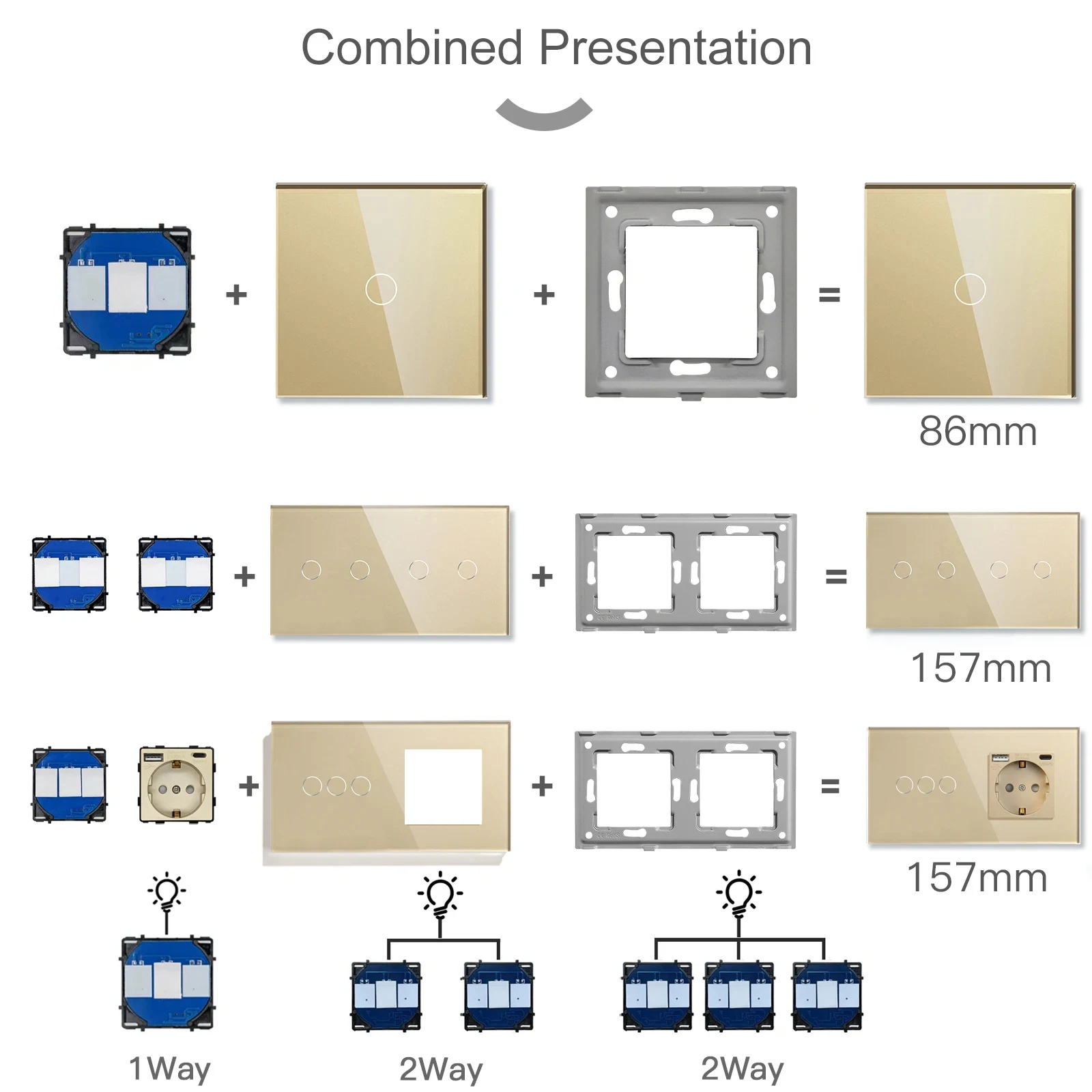 BSEED 1/2/3Gang Touch Switches 1/2/3Way Function Base Sensor Glass Panel EU Wall Sockets USB Type-c Plug DIY Free Combination