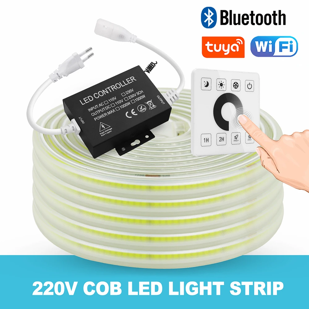 WIFI Bluetooth 220V Dimmable COB LED Strip Light Wall Touch 23key Remote Kit 1500W Controller 288LEDs/M Waterproof Flexible Lamp
