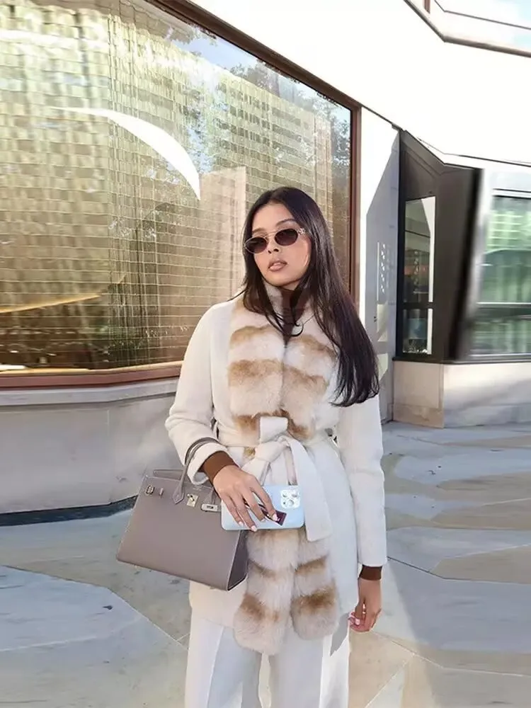 

Autumn Winter Women Long Coat with Fur Collar and Belt Casual Long Sleeve Lady Elegant Outerwear Female Chic Overcoat