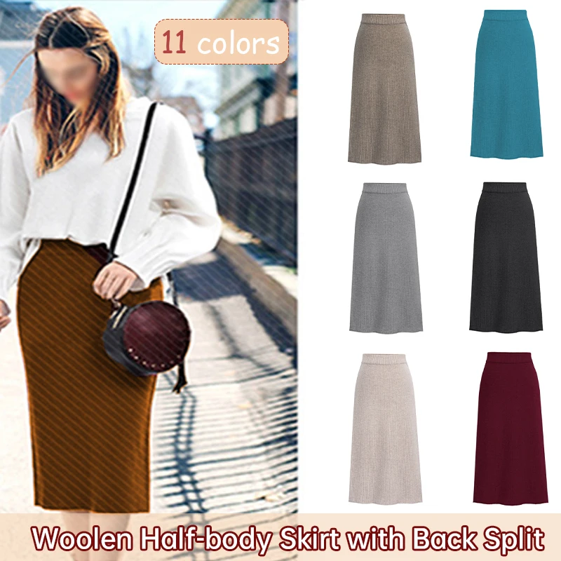 11 Colors Wool Autumn Winter Mid Length High Waisted Knit Skirt Back Split Korean Version Warm Cashmere Skirt Plus Size S-8XL