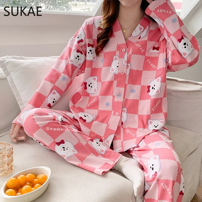 SUKAE New Kimono Style Women Sleepwear Casual Autumn Winter Faux Cotton Woman\'s Pajamas Set Sweet Lapel Homesuits Leisure Pjs