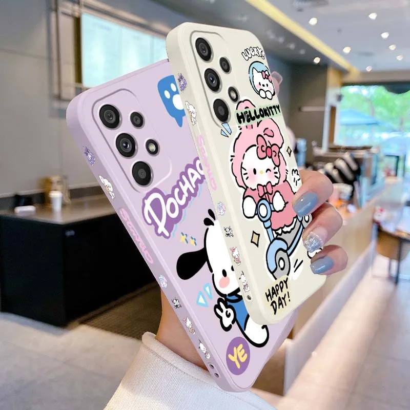 Pochacco Hello Kitty Sanrio Phone Case For Samsung A04 A05 A06 A07 A12 A3 A14 A15 A16 A17 A23 A24 A25 A26 A32 Liquid Left Rope