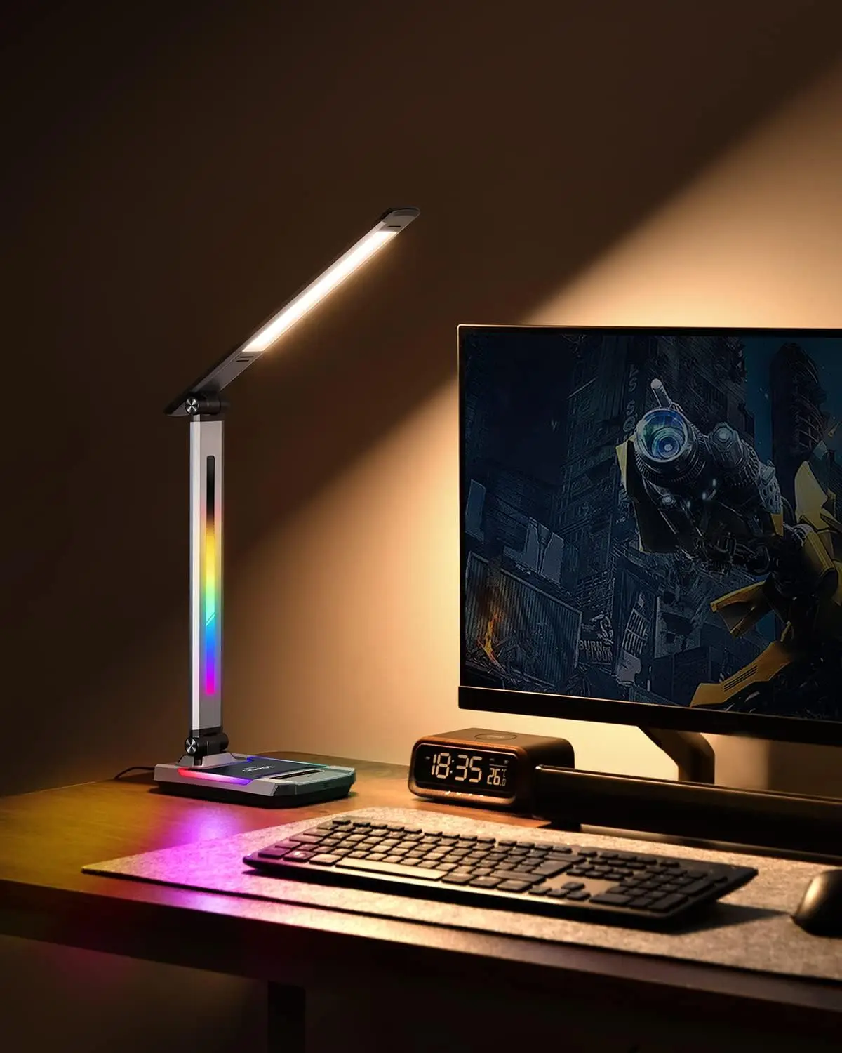 Gaming Desk Lamp with Music Sync RGB, Wireless Charger, USB Port, Adjustable Arm for PC Room Decoration
