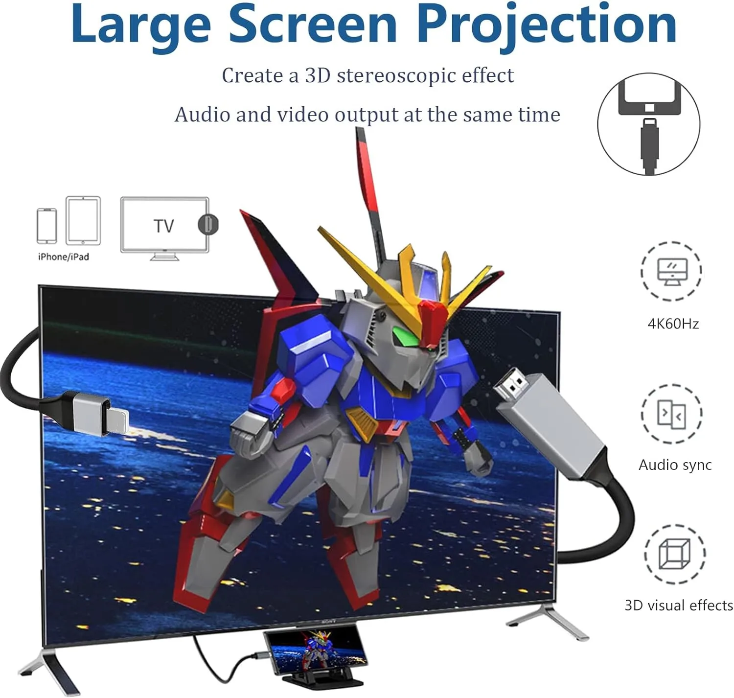 HDMI adapter for mobile phone to TV, and the synchronous screen connector is directly connected to HDTV/monitor/projector