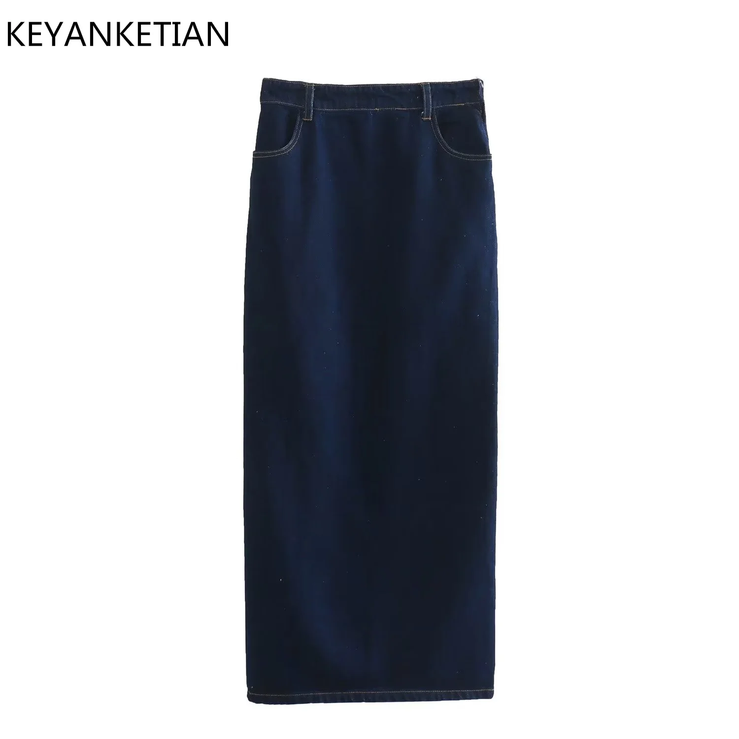 KEYANKETIAN Spring New Front Slit Zipper High-Waisted Denim Half Skirt Women's Dark Blue Slim A-Line Long Skirt Elastic Denim