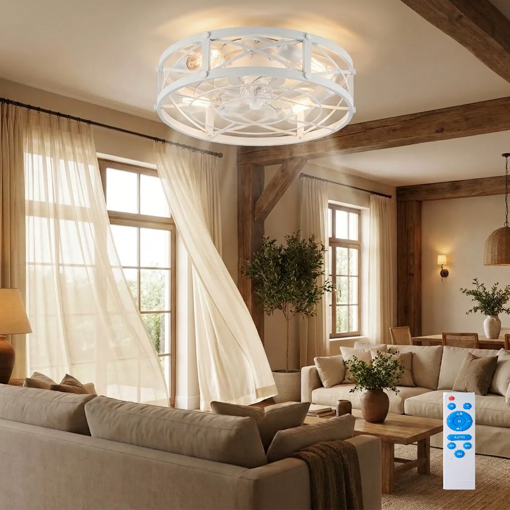 Silent Caged Flush Mount Ceiling Fan Lamp, Arc Ceiling Fan with Light Reversible 6-Speed Low Profile Fandelier, Timing LED Light with Remote Control, Industrial Farmhouse Ceiling Fan for Living Room Bedroom Patio Kitchen Small Dining Room