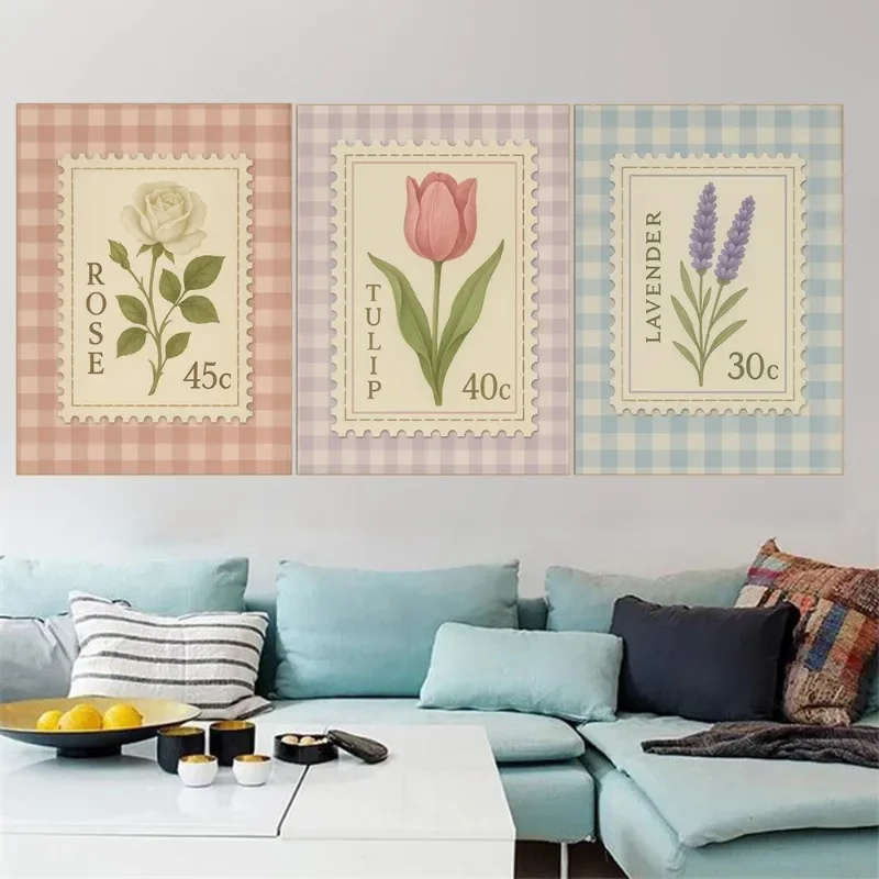 Vintage-Poster mit floralem Symbolismus-Druck, bunte botanische Blumen mit Gingham, Leinwandgemälde, Wandkunst, Wohnzimmer, Heimdekoration