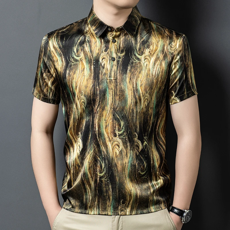 Golden Print Trendy Polo Shirts For Men Short Sleeve Luxurious Summer Quality Natural Real Silk Soft Comfortable Polos De Hombre