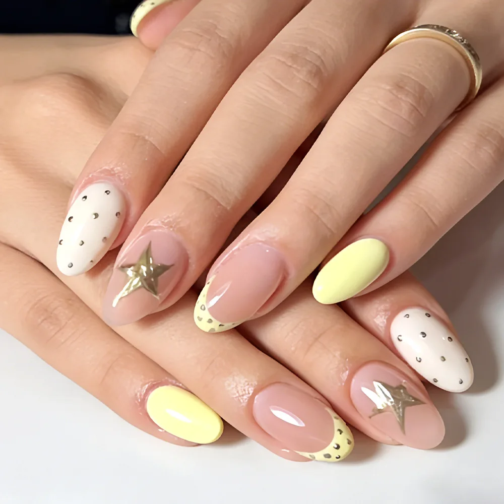 

24Pcs Oval Nail Milk Yellow French Fake Nails Polka Dot Star Nails Set Press on Detachable Finished Full Cover False Nails Tips