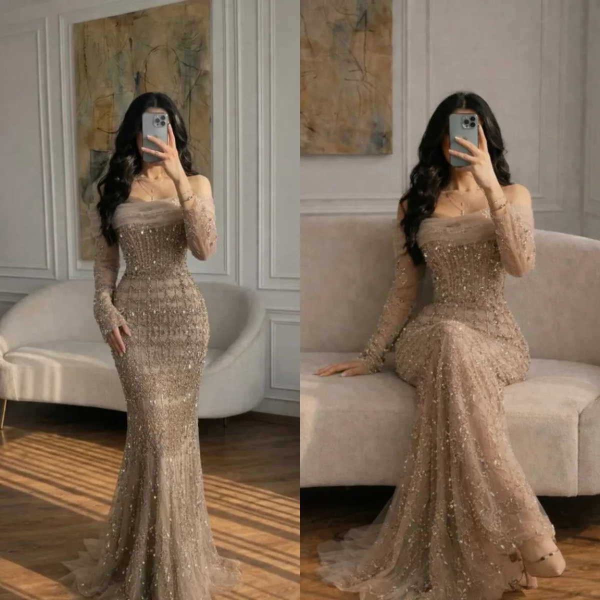 

Glamorous Long Sleeve Evening Dresses Off Shoulder Floor Length Mermaid Prom Gowns Crystals Formal Party Customized