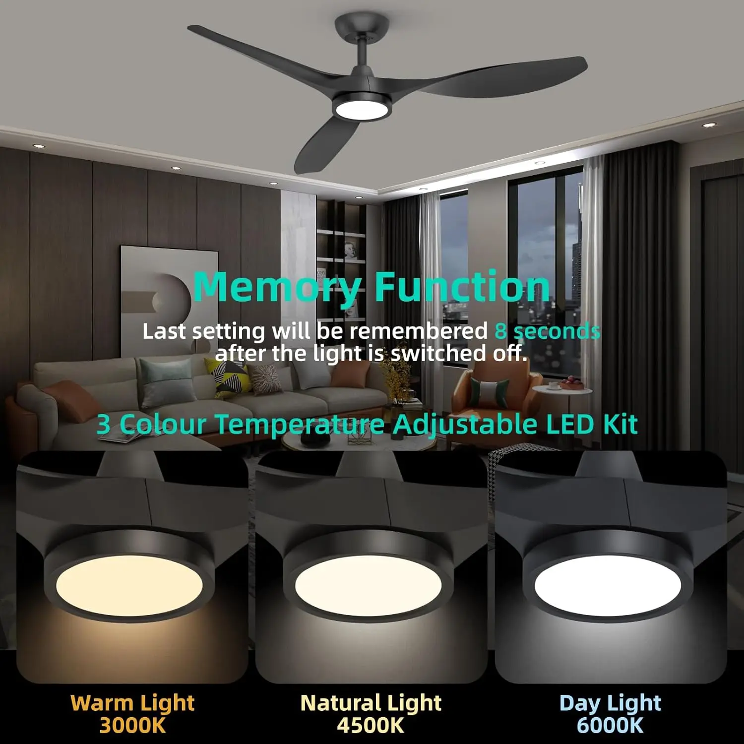 Ceiling Fans with Lights and Remote, Black Ceiling Fan 52 Inch Quiet DC Motor 3 CCT Memory Modern Large Airflow Noisele